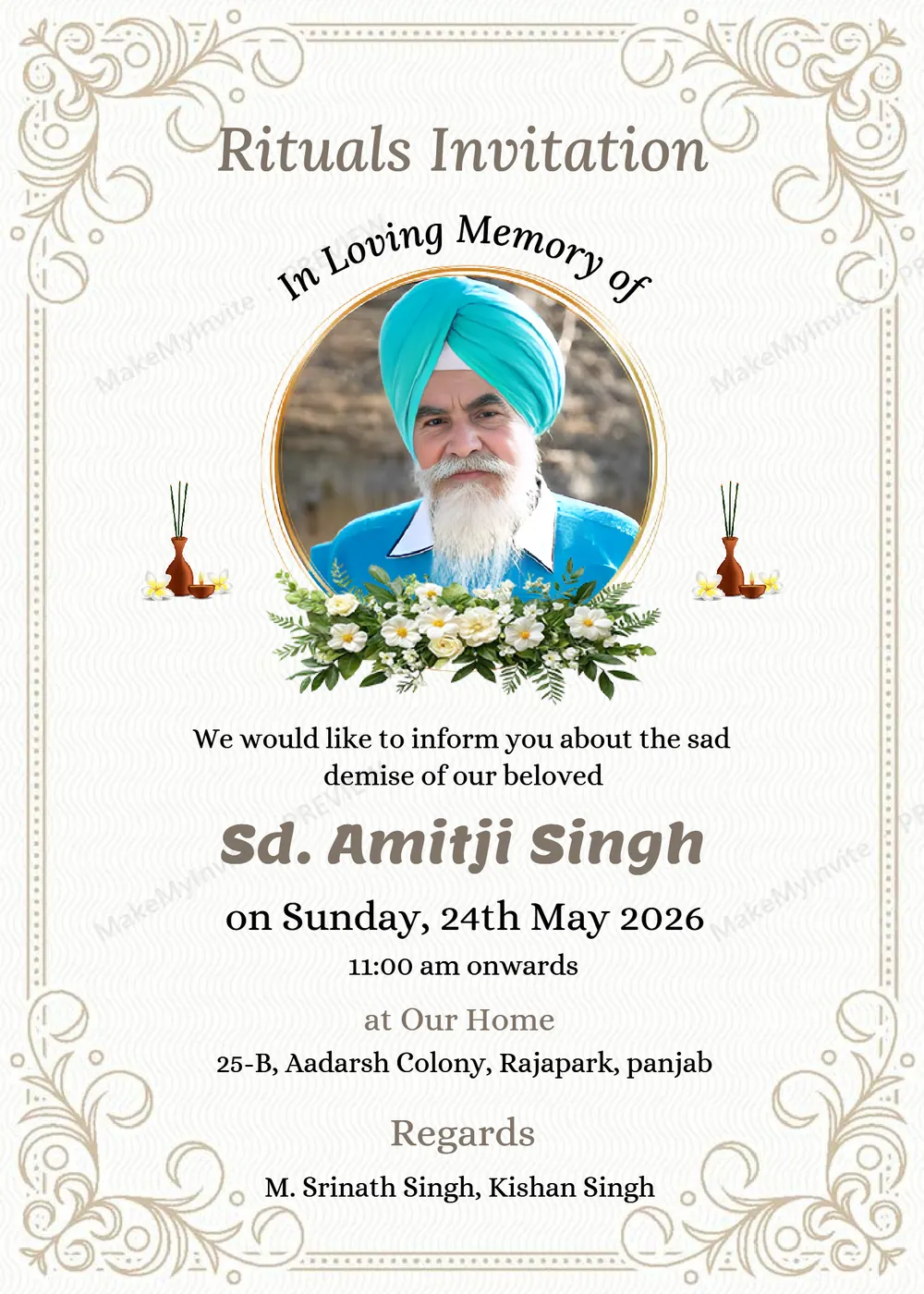 Death Punjabi — Remembrance invitation design, Punjabi