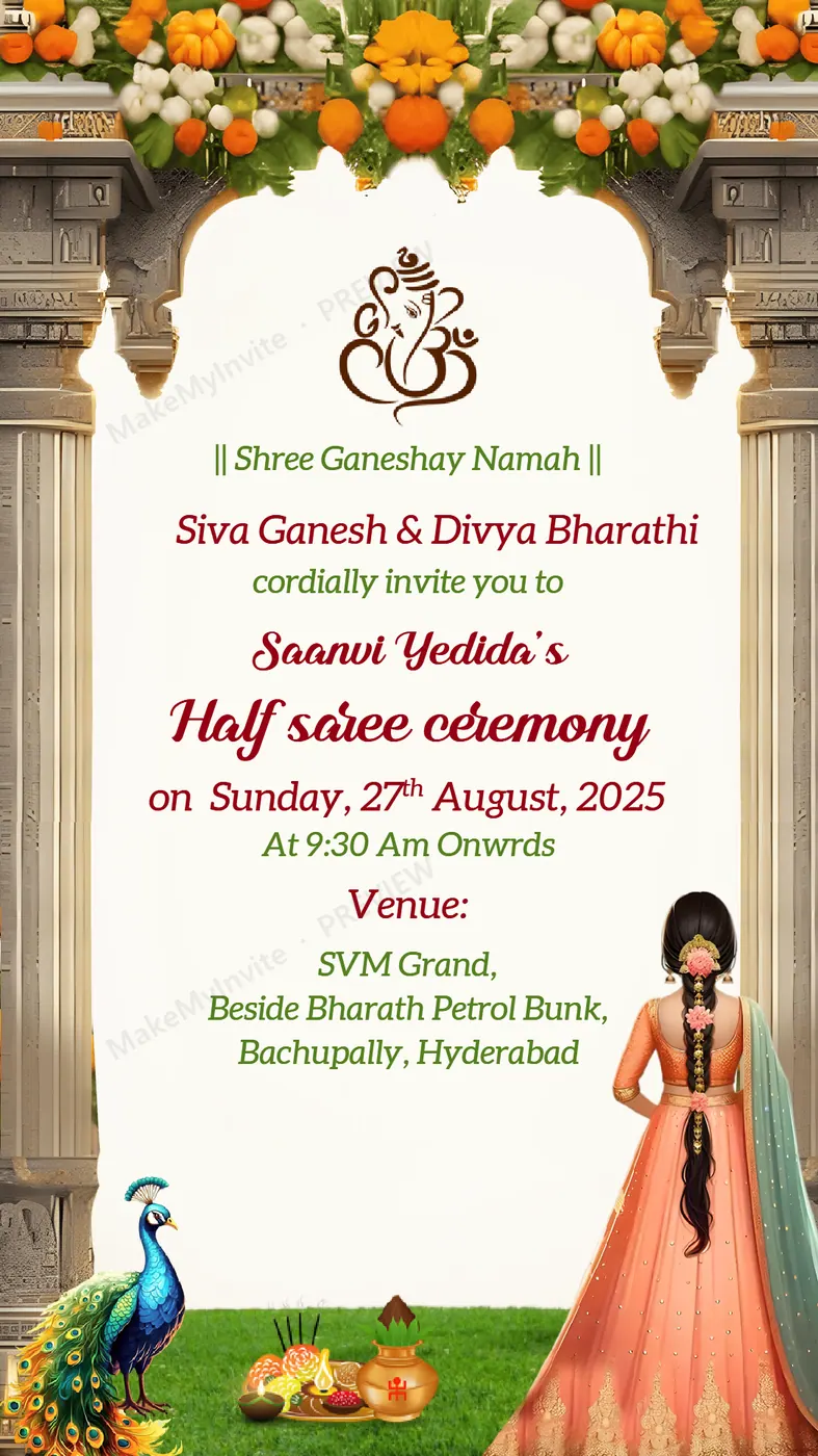 Half Saree Ceremony III 5 — Half saree invitation design, Pan-Indian