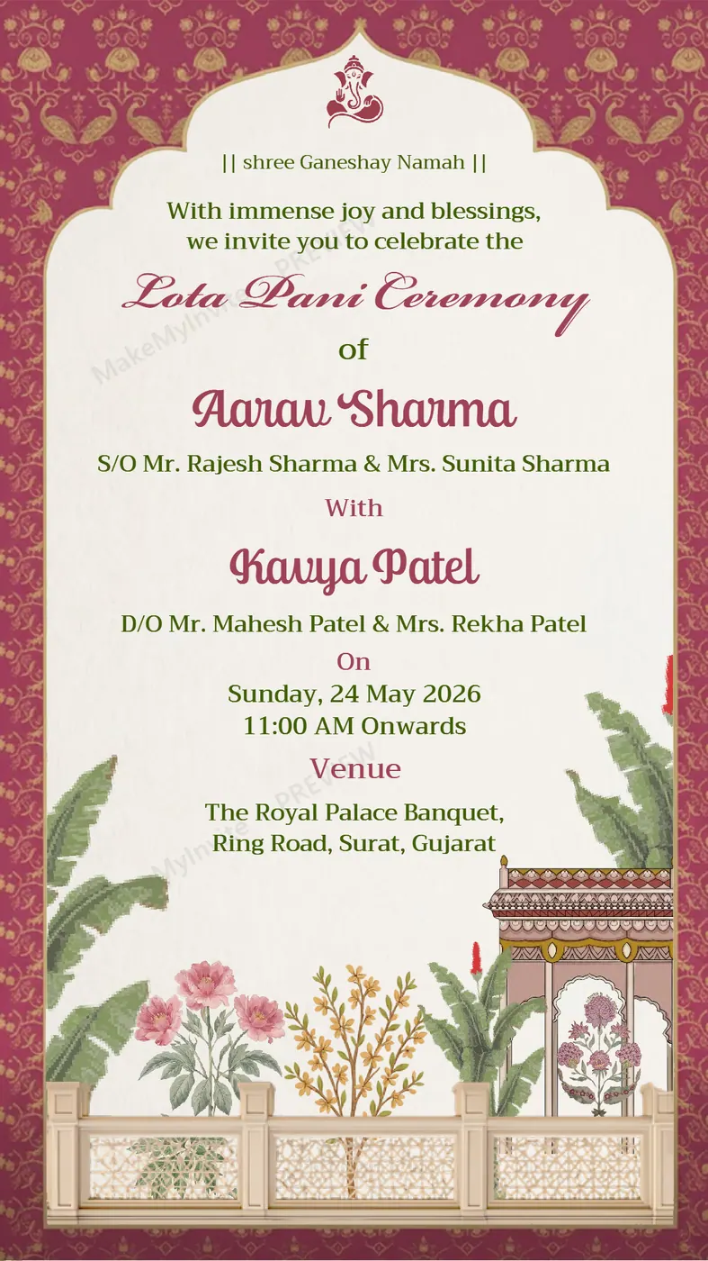 Lota Pani English — Engagement invitation design, Pan-Indian