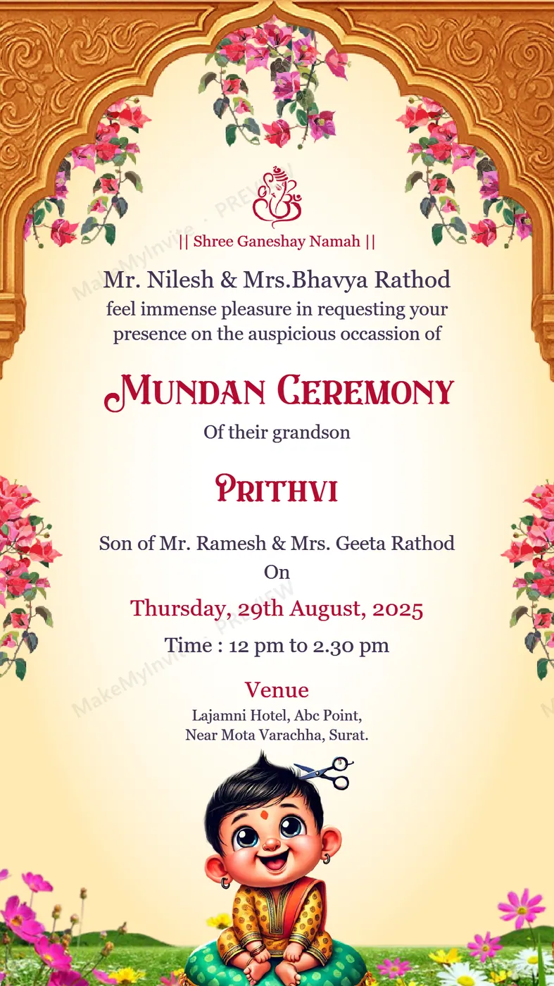 Blossom Mundan — Mundan invitation design, Pan-Indian