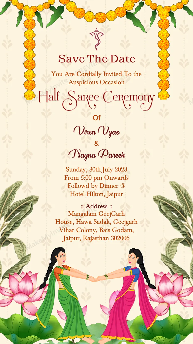 Save Date III — Half saree invitation design, Pan-Indian