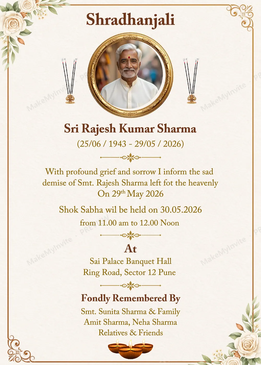 Shradhanjali English — Remembrance invitation design, Pan-Indian