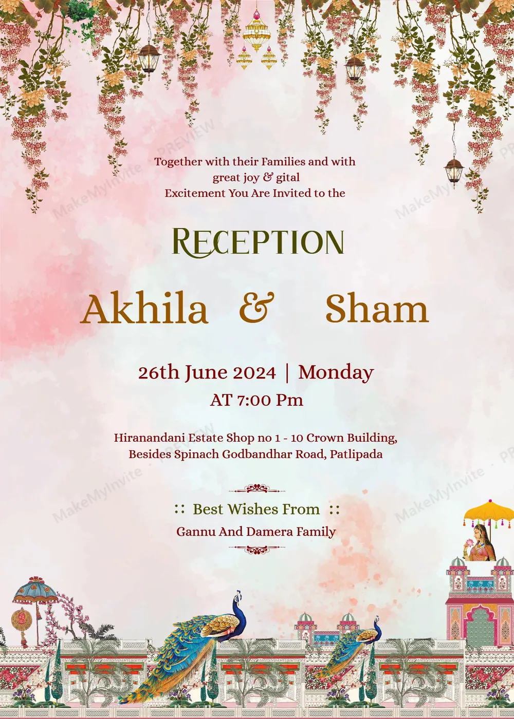 Simple Pink White South — Reception invitation design, South Indian